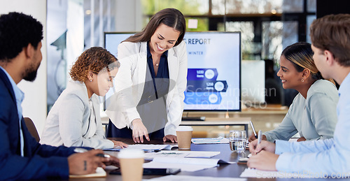 Image of Business, team and employees in meeting, brainstorming and discussion for feedback, report and profit growth. Female manager, group and staff in workplace, planning and conversation with teamwork