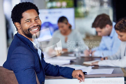 Image of Black man in business, smile in portrait with leadership, meeting with teamwork and collaboration in conference room. Happy corporate male, team leader and professional with businessman and success