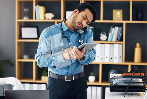 Image of Call, tablet and telehealth by confused doctor using technology for medical communication or consulting online. Digital, unsure and man healthcare professional typing and on phone conversation