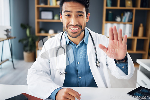 Image of Portrait, doctor and man on video call, waving and greeting in workplace, diagnosis and discussion. Face, male employee and medical professional online conversation, webinar and support with cure