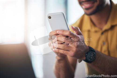 Image of Closeup, hands and man with cellphone, typing and network signal for social media, online reading and search internet. Hand and male with smartphone, connection and mobile application for info