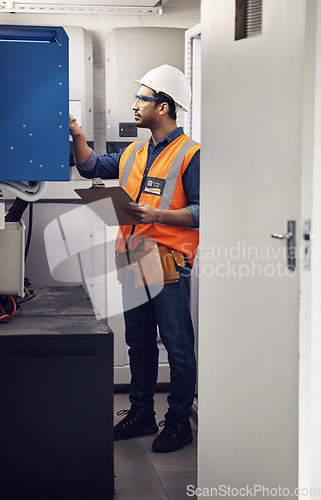 Image of Man, switch box and technician in control room, inspection or machine maintenance on clipboard. Male electrician, system and electrical substation of power, industrial generator or engineer checklist