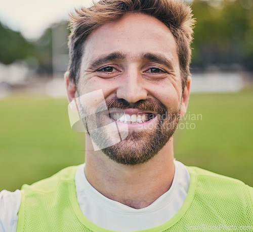 Image of Rugby, field and portrait of man with smile, confidence and happiness in winning game. Fitness, sports and cropped face of happy player ready for match, workout or competition on grass at stadium.