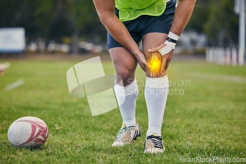 Image of Rugby, pain and man with knee injury on sports field for practice match, training and game outdoors. Medical emergency, accident and athlete with x ray of joint inflammation, sprain and tendinitis