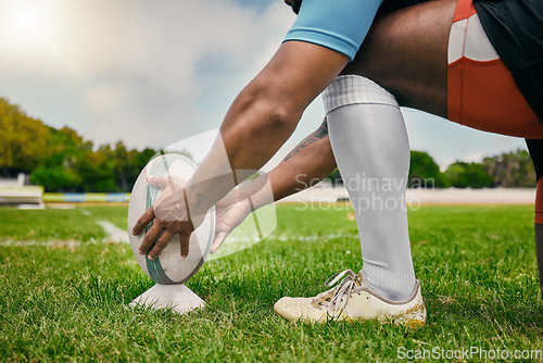 Image of Rugby, hands and man ready with ball to score goal on field at game, match or practice workout. Sports, fitness and professional player on grass, motivation, energy and skill in team sport challenge.