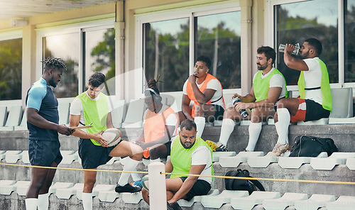 Image of Rugby team, coaching and clipboard of people planning strategy or checklist for event, game formation or match at stadium. Diversity group, sports men and training manager goals, advice or mission