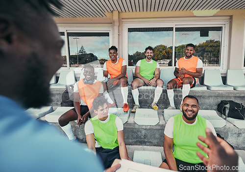 Image of Rugby team, coaching and group of people with strategy for event, game formation or match planning at stadium. Happy diversity, sports men with training manager talking of goals, schedule and mission