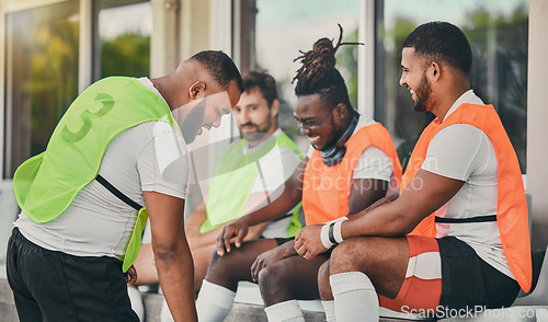 Image of Rugby men, teamwork and fitness on bench, laughing or comic chat for diversity, solidarity and happy. Group team building, university or professional sport at stadium for relax, friends or funny time