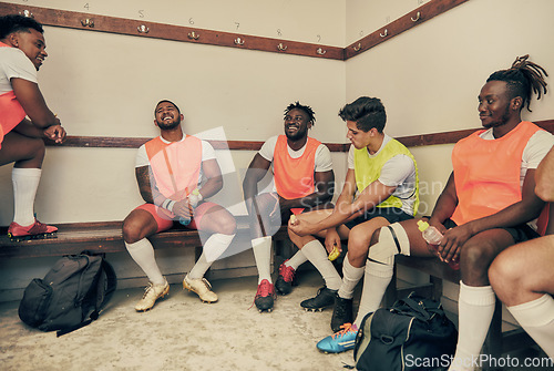 Image of Locker room, motivation and rugby team building, happy friends in strategy discussion or game plan. Training, teamwork and group of winner sports players talking and sitting in cloakroom together.