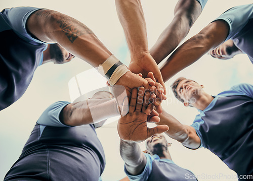 Image of Diversity, team and men with hands together in sports below for support, motivation or goals outdoors. Man sport group piling hand for fitness, teamwork or success in collaboration for match or game