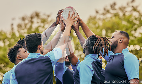 Image of Diversity, team and men hands together in sports for support, motivation or goals outdoors. Sport group holding rugby ball in fitness, teamwork or success for match preparation or game