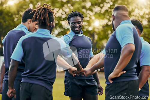 Image of Diversity, team and men fist bump in sports for support, motivation or goals outdoors. Man sport group putting hands together for fitness, teamwork or success in collaboration before match or game