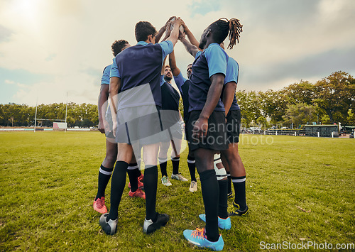 Image of Diversity, team and men with hands together in sports for support, motivation or goals on grass field. Sport group in rugby for fitness, teamwork or success in collaboration, match or game outdoors