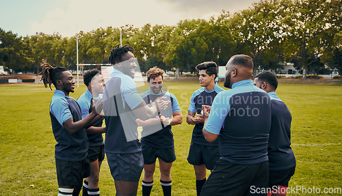 Image of Diversity, team and men applause in sports for support, motivation or goals on grass field outdoors. Sport group clapping in fitness, teamwork or success for match preparation or game