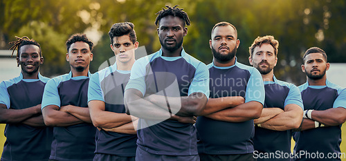 Image of Rugby, men and portrait of team with serious expression, confidence and pride in winning game. Fitness, sports and teamwork, proud players ready for match, workout or competition on field at stadium.