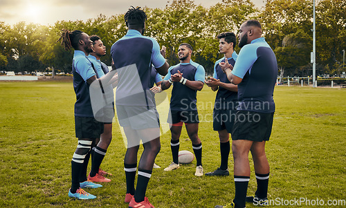 Image of Diversity, team and men applause in sports for support, motivation or goals on grass field outdoors. Sport group clapping in fitness, teamwork or success for winning match or game victory