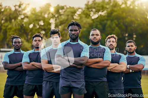 Image of Rugby, power and portrait of team of men with serious expression, confidence and pride in winning game. Fitness, sports and diversity, players at match, workout or competition on field at stadium.