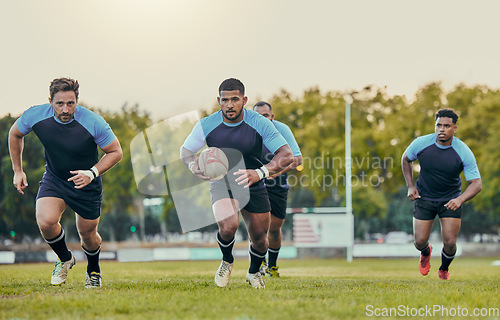 Image of Rugby, team and men training, playing on grass field and exercise for healthy lifestyle, balance and wellness. Male players, athletes and guys outdoor, competition and match for fitness and practice