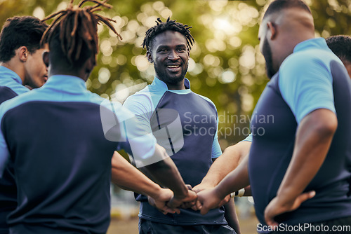 Image of Diversity, team and men with hands together in sports for support, motivation or goals outdoors. Man sport group fist bump for fitness, teamwork or success in collaboration before match or game