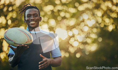 Image of Rugby, ball and portrait of black man with smile, confidence and pride in winning game. Fitness, sports and happy face of player ready for match, workout or competition at stadium with mockup space.