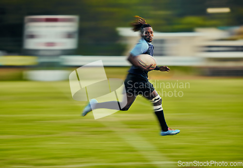 Image of Rugby, action and black man running with ball to score goal on field at game, match or practice workout. Sports, fitness and motion, player on blurred background on grass with energy and sport skill.