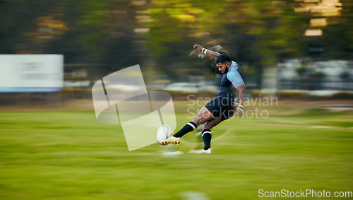 Image of Rugby, action and black man kicking ball to score goal on field at game, match or practice workout. Sports, fitness and motion, player running to kick at poles on grass with energy and skill in sport