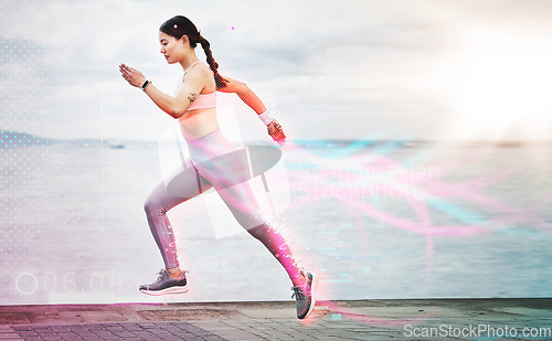 Image of Fitness, exercise and woman running, hologram and promenade for workout, wellness or healthy lifestyle. Female runner, athlete or girl training, holographic or track progress for pulse or endurance