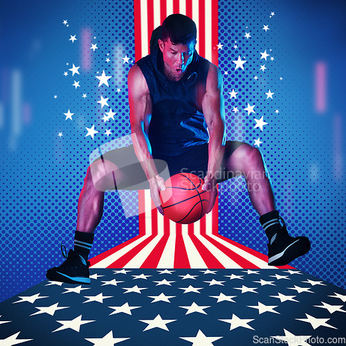 Image of Sports, usa and basketball with man on background for fitness, training and competition match. Championship, games and muscle with athlete and ball with American pride for national, league and club