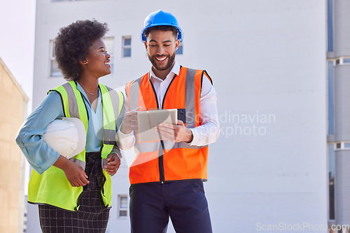 Image of Architecture, tablet and teamwork with people on construction site for inspection, planning or project management. Engineering, buildings and designer with happy man and black woman for development