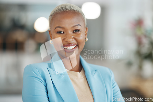 Image of Face portrait, manager and happy black woman, business leader or employee smile for startup company success. Management, corporate person and headshot of female, bank admin or professional consultant