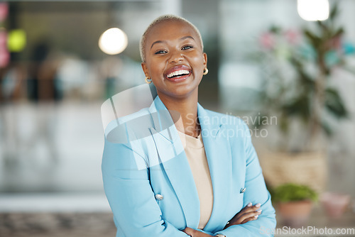 Image of Agency, office portrait and happy black woman, business leader or worker confident for startup company mission. Management, corporate person and African female, bank admin or professional consultant