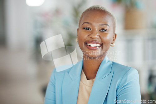 Image of Office smile, portrait and black woman, business or worker confident for startup company mission. Management, corporate person or African female, bank admin or professional consultant face