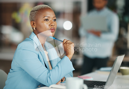 Image of Business thinking, office laptop and black woman, creative agent or person working on advertising plan. Project, problem solving and serious girl brainstorming company idea for social media strategy