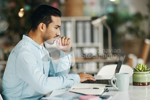 Image of Laptop, reading focus and man thinking of creative development, solution or brand advertising plan. Research project, problem solving profile and person contemplating idea for social media strategy