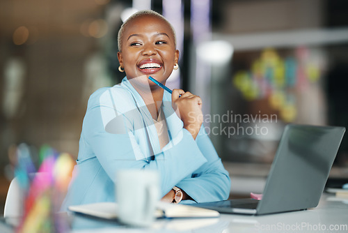 Image of Office smile, laptop and happy black woman, creative agent or business person thinking of brand advertising plan. Agency, professional or girl working on company development for social media strategy