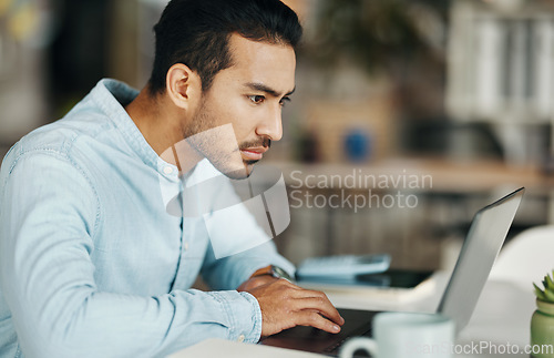 Image of Laptop, reading or business man focus on website development, ecommerce feedback or online brand review. Research project, problem solving solution and male doing analysis for social media app launch