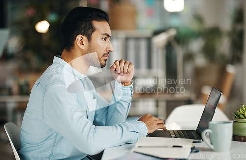 Image of Business, office laptop and man thinking of creative development, solution or brand advertising plan. Research project, problem solving profile and person contemplating idea for social media strategy