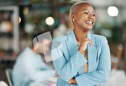 Image of Happy, confident and arms crossed with black woman in office for leadership, management and laughing. Vision, inspiration and mission with female employee for smile, motivation and empowerment