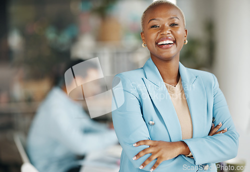 Image of Happy, laughing and portrait of black woman in office for leadership, management and development. Positive, inspiration and mission with female employee for growth, motivation and empowerment