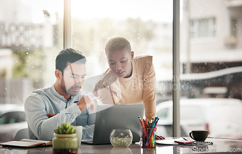 Image of Business collaboration, laptop reading and team analysis of website, ecommerce teamwork or online brand feedback. Office diversity, data statistics and people review social network app development