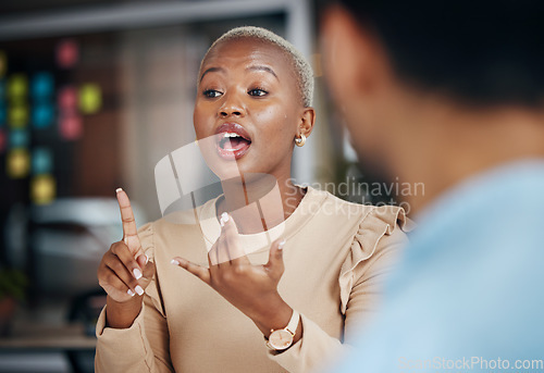 Image of Black woman, explain and talking team, office friends or business people consulting on proposal. Conversation, collaboration and networking employees speaking, chat and discussion on strategy