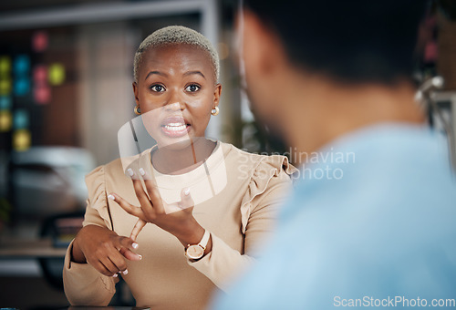 Image of Job interview, human resources recruitment and black woman explain hiring process, HR communication or networking. Talking, speaking and team collaboration chat, strategy discussion or conversation