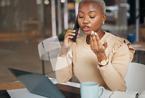 Image of Laptop, phone call or black woman networking, talking or in communication for a company or digital agency. Business, girl or journalist speaking about online content research, feedback or update