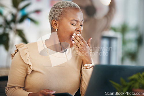 Image of Office laptop, yawning or tired black woman reading email, online research or internet news report with fatigue. Exhausted African journalist copywriting for digital agency or fashion blog article