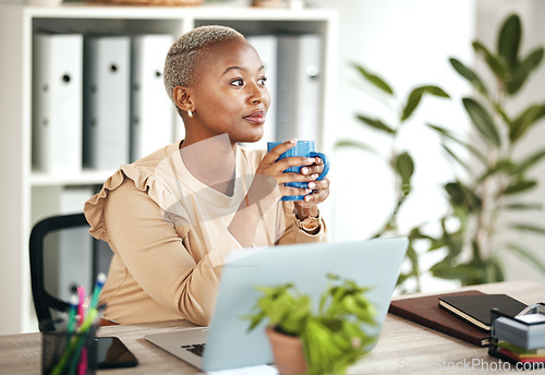 Image of Black woman at desk, thinking with coffee and relax with ideas for content creation at digital marketing startup. Copywriter, laptop and female, contemplating and inspiration for copywriting job