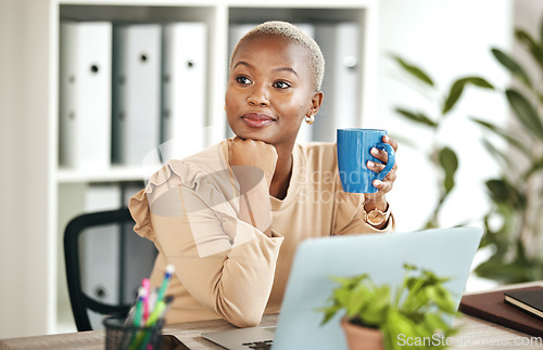 Image of Black woman at desk, thinking with coffee cup and relax with ideas for content creation at digital marketing startup. Copywriter, laptop and female, contemplating and inspiration for copywriting job