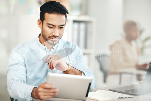 Image of Reading, tablet and business man in office with research, information or internet browsing. Thinking, technology idea and male professional with touch screen for web scrolling, networking or email.