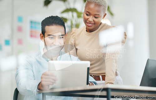 Image of Creative business people, tablet and planning in digital marketing for design or tasks at office. Happy asian man and black woman smiling with touchscreen working on project plan or startup strategy