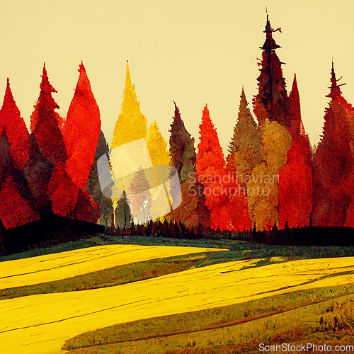 Image of Autumn forest landscape. Colorful watercolor painting of fall se