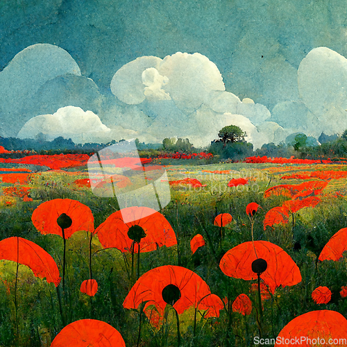 Image of Beautiful poppy field and cloudy sky. Spring flower background, 